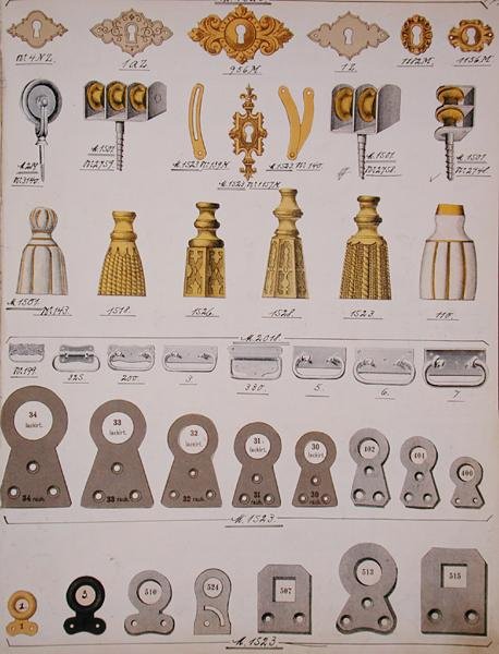 डोर लॉक फिटिंग्स, घरेलू सामानों और फिटिंग्स के ट्रेड कैटलॉग से, c.1890-1910 (कलर लिथो) द्वारा स्कूल की अंग्रेजी