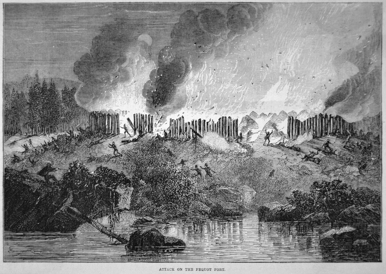 1637 के पेक्वॉट युद्ध (उत्कीर्णन) के दौरान न्यू इंग्लैंड सफेद बसने वालों ने पेक्वॉट भारतीय किले पर हमला किया द्वारा स्कूल की अंग्रेजी
