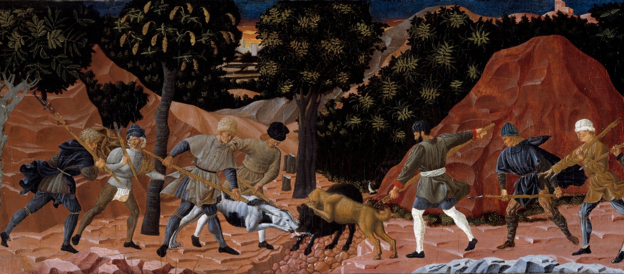 सूअर के शिकार का दृश्य। विवरण। फ्लोरेंटाइन स्कूल की अनाम पेंटिंग। 1450-1460। टूलूज़, मुसी डेस ऑगस्टिन्स द्वारा स्कूल फ्लोरेंटाइन