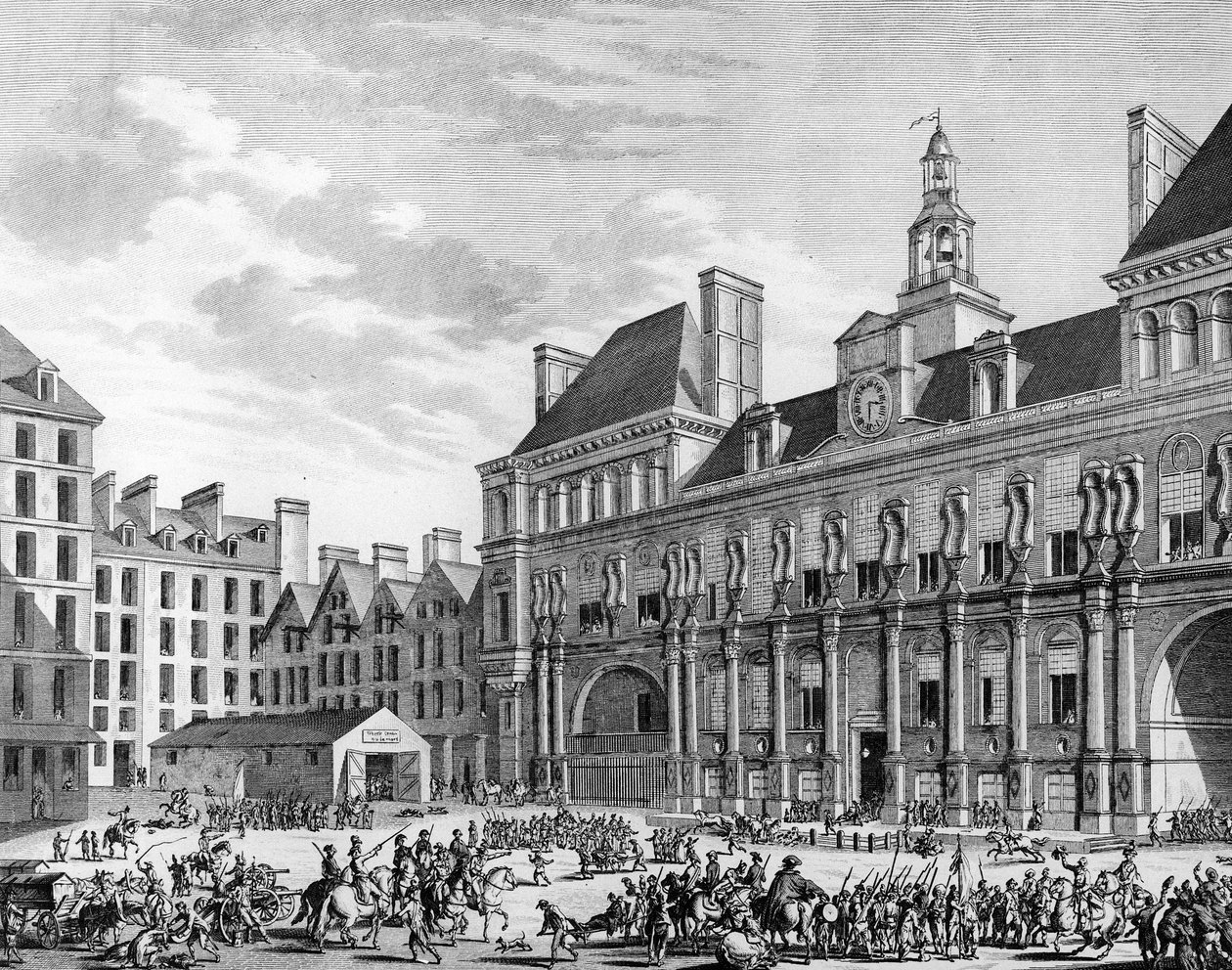 कन्वेंशन के सैनिकों द्वारा पेरिस में 29 जुलाई 1794 को कॉमन हाउस (टाउन हॉल) पर हमला। पेरिस, क्रांति के इतिहास संस्थान का पुस्तकालय of द्वारा स्कूल फ्रेंच