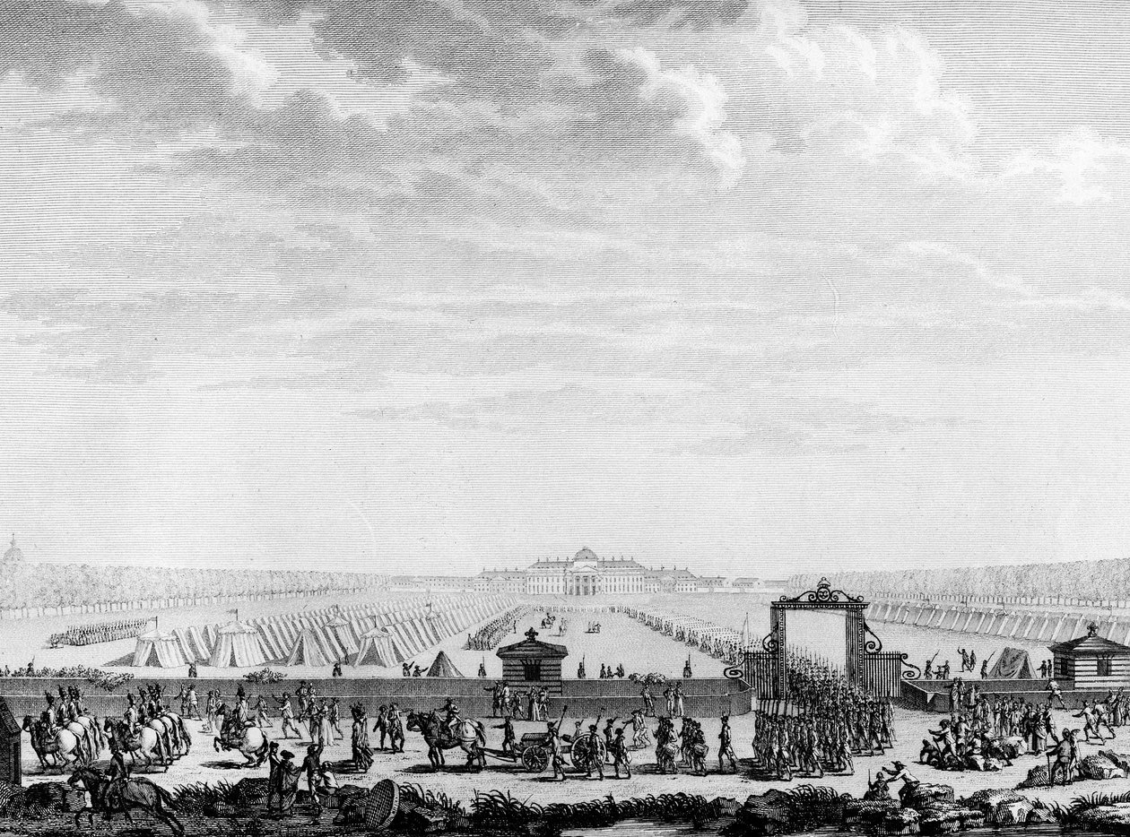 फ्रांसीसी क्रांति: मार्च फील्ड के सैन्य सैनिक 12 जुलाई 1789 को प्लेस लुई XV के लिए रवाना हुए, पेरिस, क्रांति के इतिहास संस्थान का पुस्तकालय द्वारा स्कूल फ्रेंच
