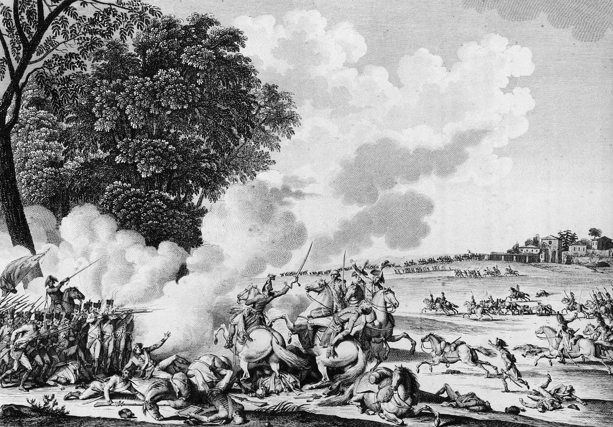 फ्रांसीसी क्रांति का युद्ध: 28 थर्मिडोर एन VII (15 अगस्त) को नोवी की लड़ाई में मारे गए फ्रांसीसी जनरल बार्थेलेमी कैथरीन जौबर्ट (1769-1799) की मृत्यु द्वारा स्कूल फ्रेंच