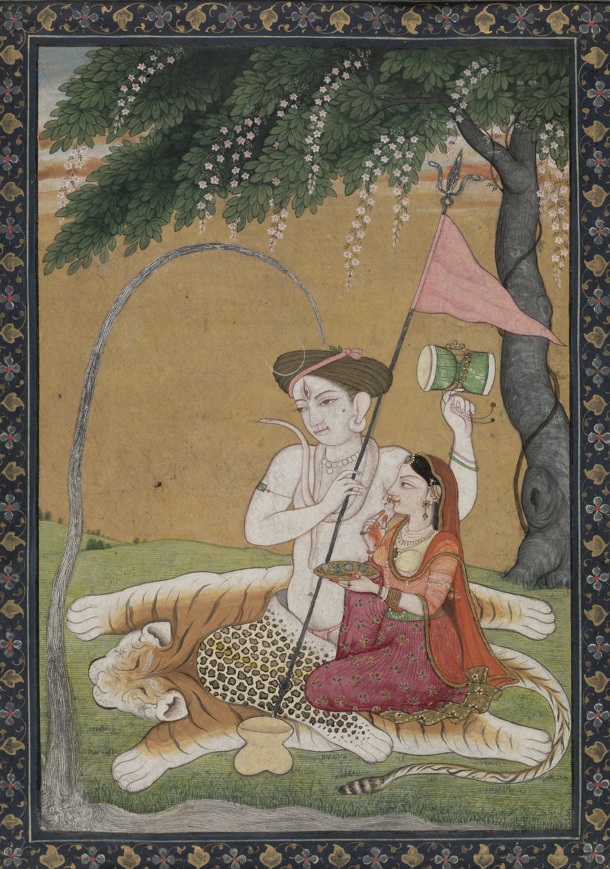 टाइगर स्किन पर शिव और पार्वती, c.1800 (सोने और चांदी के साथ पानी के रंग) द्वारा स्कूल गुलेर