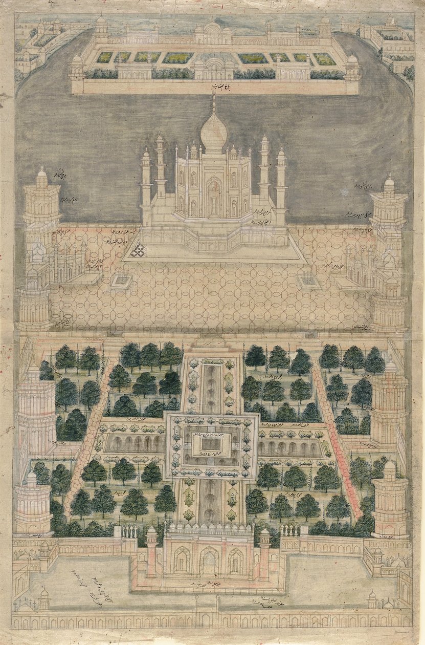 आगरा में ताजमहल का बर्ड आई व्यू (कागज पर वॉटर कलर के साथ कलम और स्याही) द्वारा स्कूल इंडियन