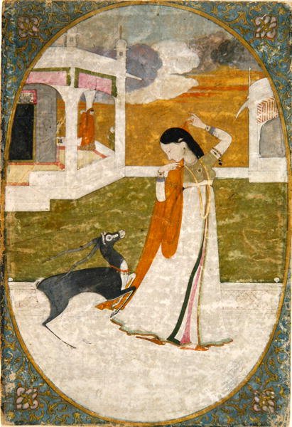 हिरण के साथ नायिका, पंजाब हिल्स (कागज पर अपारदर्शी जल रंग) द्वारा स्कूल इंडियन