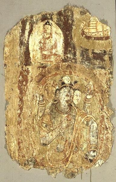 त्रिमूर्ति शिव, बालावस्ते, 7वीं-8वीं शताब्दी (दीवार पेंटिंग) द्वारा स्कूल इंडियन