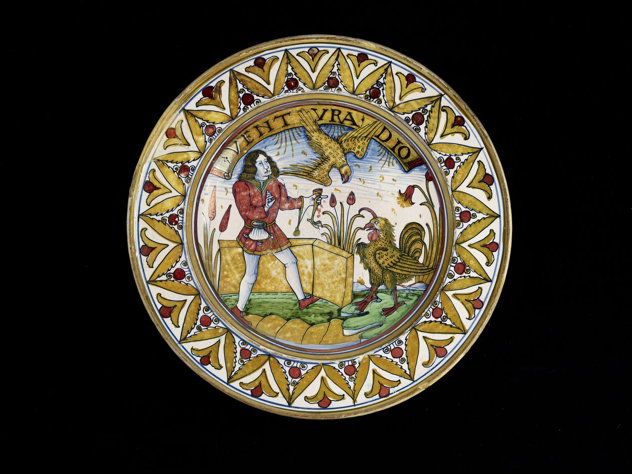 ईसप की दंतकथाओं के एक दृश्य के साथ डिश, शायद डेरुटा, c.1490-1510 (मायोलिका) द्वारा स्कूल इतालवी