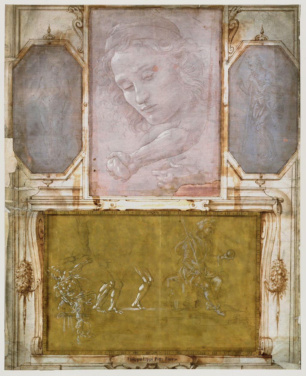 जॉर्जियो वासारी (1511-74) द्वारा &39;लिब्रो देई डेसेग्नि&39; से पृष्ठ 1524 के बाद घुड़सवार और फ़्रेमयुक्त (कागज़ पर मेटलपॉइंट) (विस्तार के लिए 474784 देखें) द्वारा स्कूल इतालवी