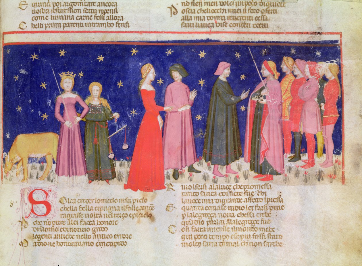 पैराडाइज VIII f.58r कनवर्सेशन विद कार्लो मार्टेलो, फ्रॉम 'द डिवाइन कॉमेडी' डांटे एलघिएरी (1254-1321) (वेल्लम) द्वारा स्कूल इतालवी