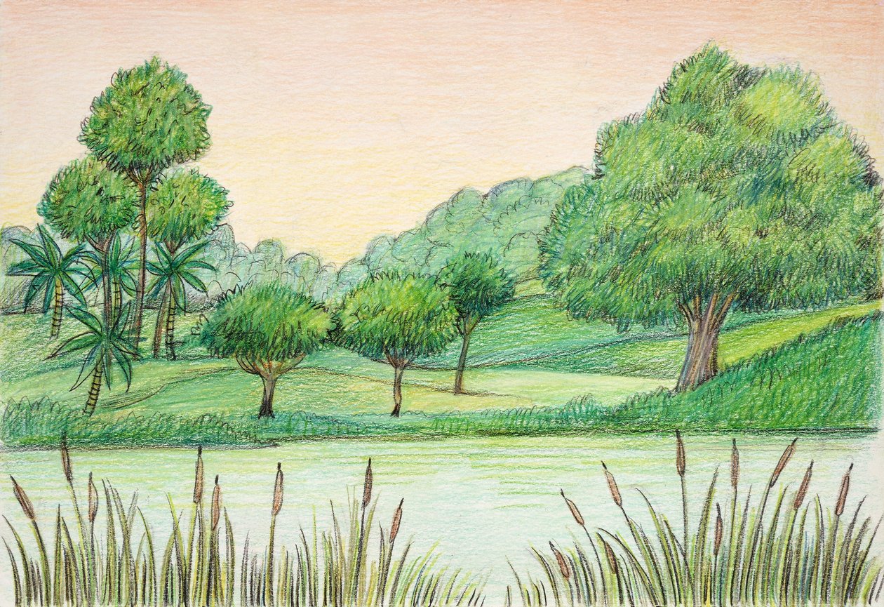 प्रागितिहास - तृतीयक - प्राकृतिक पर्यावरण का पुनर्निर्माण (रंग लिथो) द्वारा स्कूल इतालवी