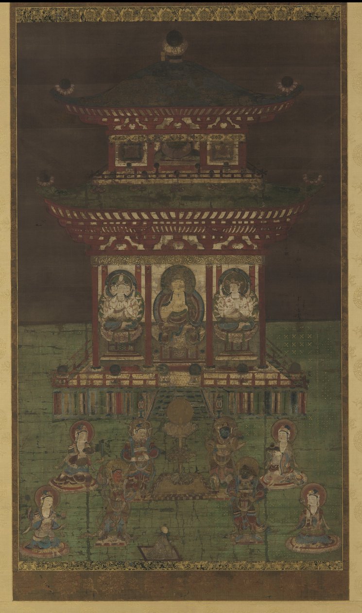 होराकाकू मंडारा: द बुद्धा एंड अटेंडेंट डिवाइनिटीज, हीयन पीरियड (रेशम पैनल पर रंग और सोना) द्वारा जापानी स्कूल