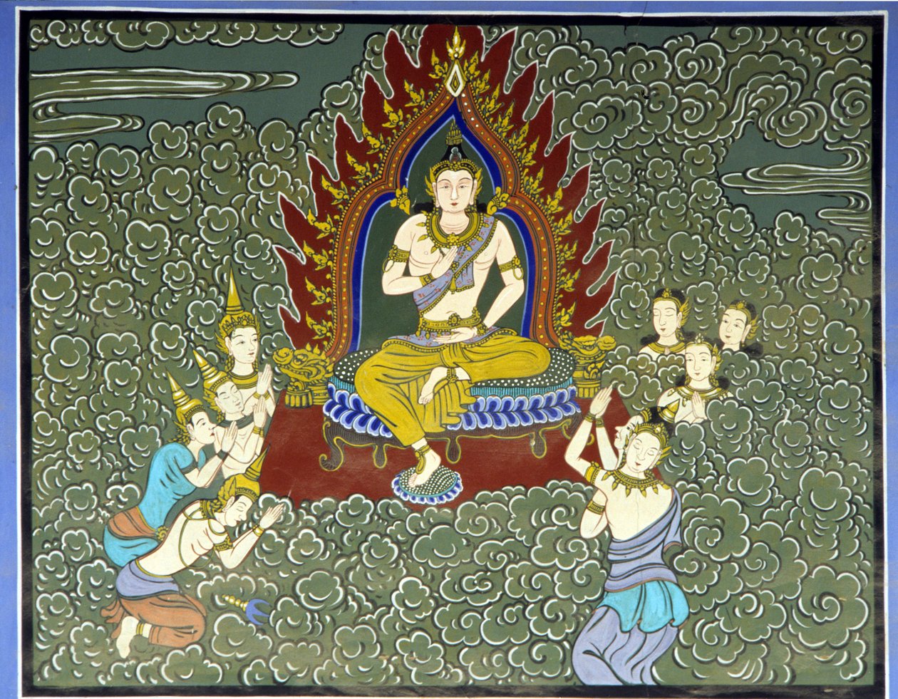 बुद्ध की आराधना। योंगजू मंदिर, सुवन क्षेत्र, कोरिया में फ्रेस्को। द्वारा स्कूल कोरियाई