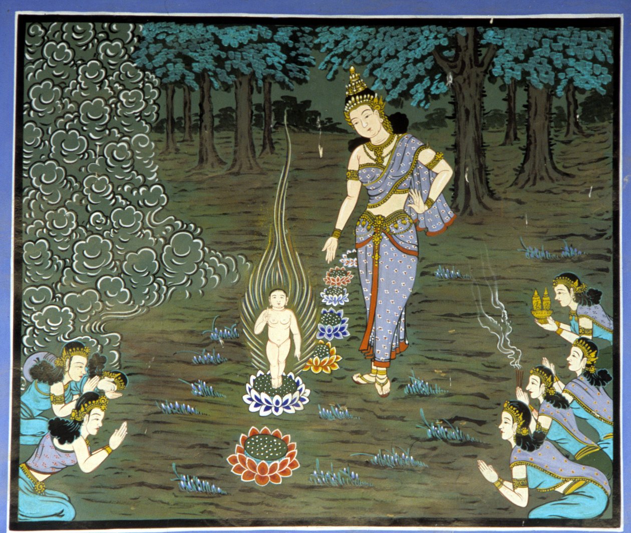 बुद्ध का जन्म। योंगजू मंदिर, सुवन क्षेत्र, कोरिया में फ्रेस्को। द्वारा स्कूल कोरियाई