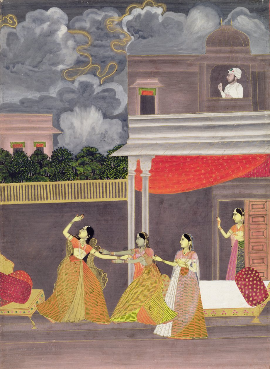 एक महिला रात में एक तूफान से लाई गई: संगीत विधा से चित्रण मधु माधवी, c.1760 (कागज पर गौचे) द्वारा स्कूल मुगल