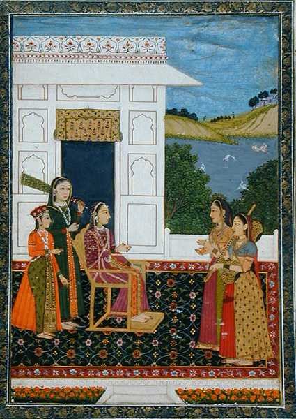 स्मॉल क्लाइव एल्बम (कागज पर अपारदर्शी जल रंग) से छत पर परिचारिकाओं के साथ एक महिला द्वारा स्कूल मुगल