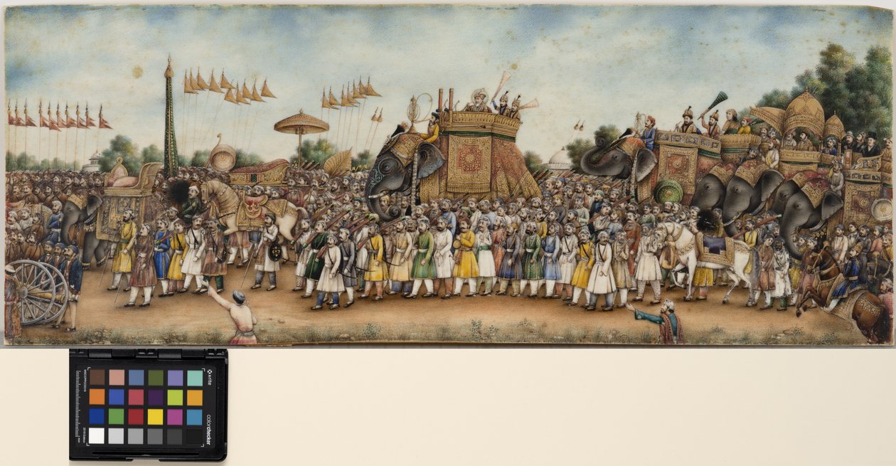 अकबर शाह II एक विशाल जुलूस में हाथी की सवारी करता है, c.1835 (अपारदर्शी जल रंग और हाथी दांत पर सोना) द्वारा स्कूल मुगल