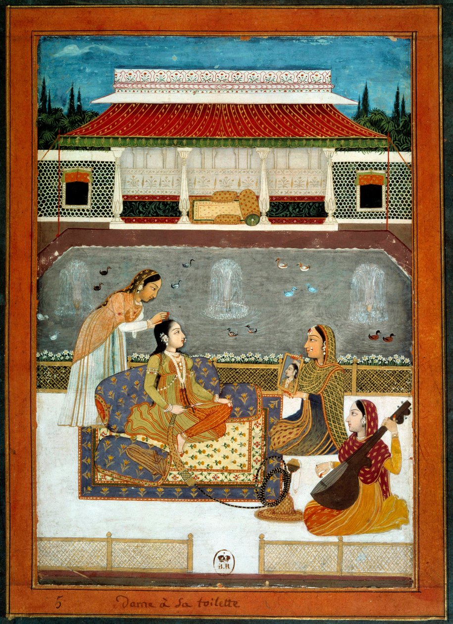 1740 के मुगल स्कूल से एक भारतीय राजकुमारी का लघु शौचालय है। द्वारा स्कूल मुगल