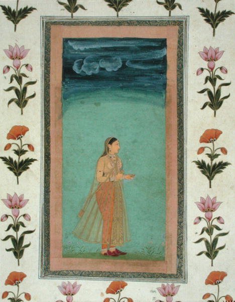 स्माल क्लाइव एल्बम (कागज पर अपारदर्शी जल रंग) से फूल पकड़े हुए महिला द्वारा स्कूल मुगल