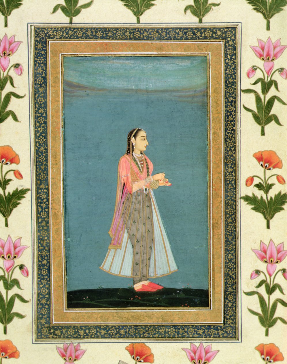 लार्ज क्लाइव एल्बम (कागज पर वॉटरकलर) से वाइन फ्लास्क और कप पकड़े महिला द्वारा स्कूल मुगल