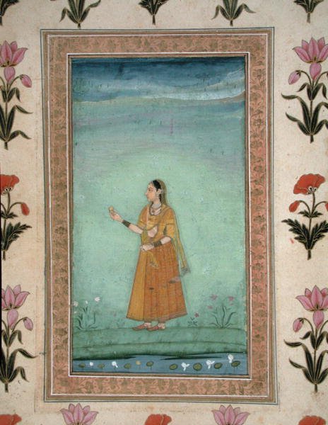स्मॉल क्लाइव एल्बम, c.1600 (कागज पर अपारदर्शी जल रंग) से एक लिली तालाब के किनारे खड़ी महिला फल पकड़े हुए द्वारा स्कूल मुगल