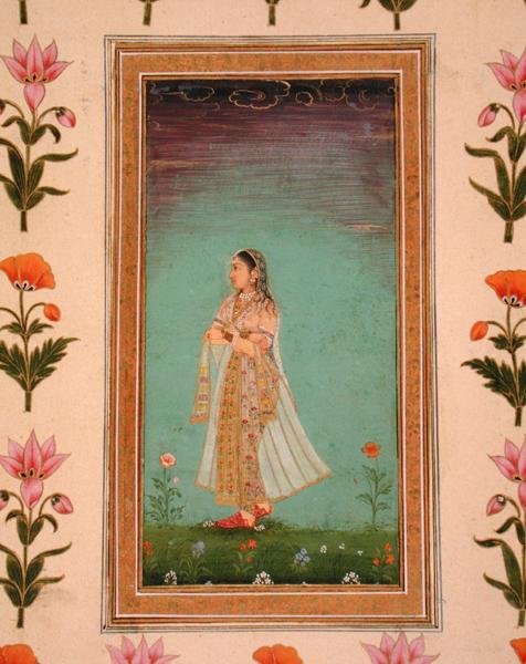 स्मॉल क्लाइव एल्बम (कागज पर अपारदर्शी जल रंग) से फूलों में घूमती महिला द्वारा स्कूल मुगल