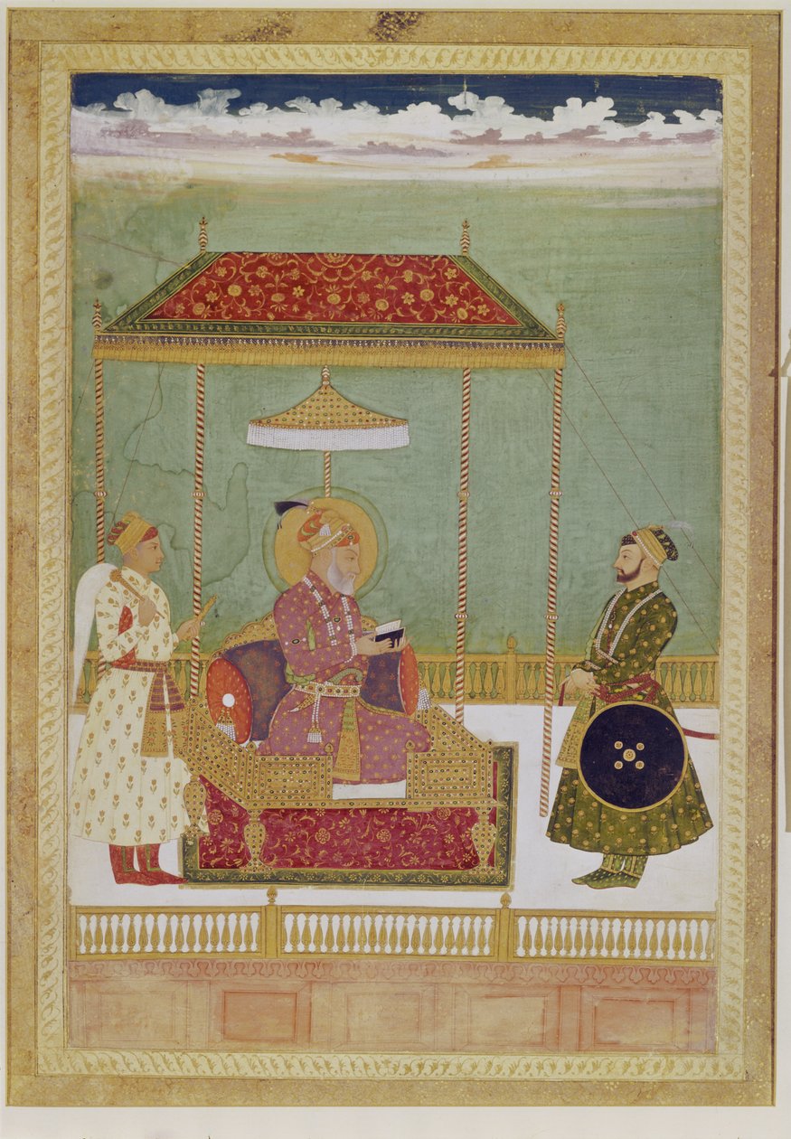 एक आदमी के साथ शाह औरंगजेब का चित्रण, संभवतः अशरफ खान, 18 वीं सदी की शुरुआत में (अपारदर्शी जल रंग, कागज पर स्याही और सोना) द्वारा स्कूल मुगल