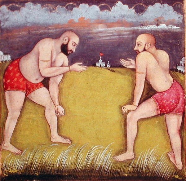 दो पहलवान, 19वीं सदी की शुरुआत में (कागज पर गौचे) द्वारा स्कूल मुगल