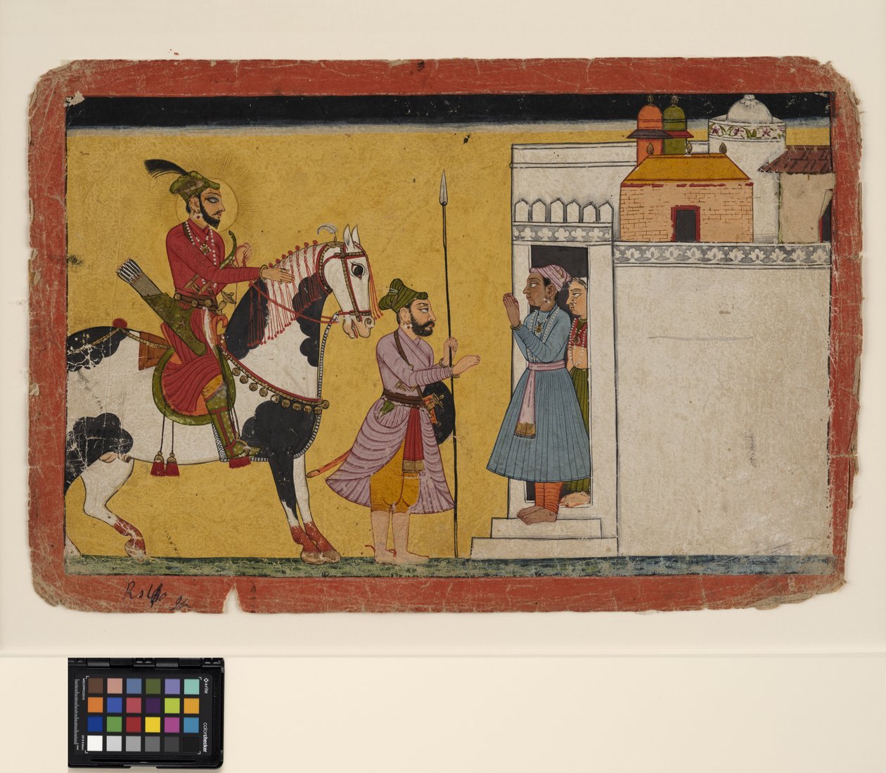 एक राजकुमार शिकार एक घर के दरवाजे पर रुकता है, c.1700 (कागज पर अपारदर्शी w - c और सोना) द्वारा स्कूल पहाड़ी