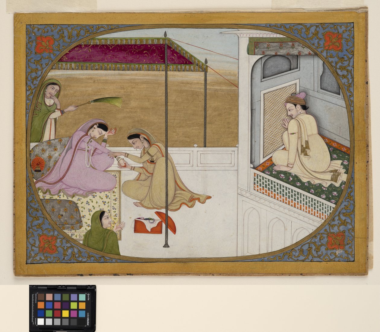 एक राजकुमार अपनी मालकिन की तैयारी पर जासूसी करता है, c.1800 (कागज पर अपारदर्शी पानी और सोना) द्वारा स्कूल पहाड़ी