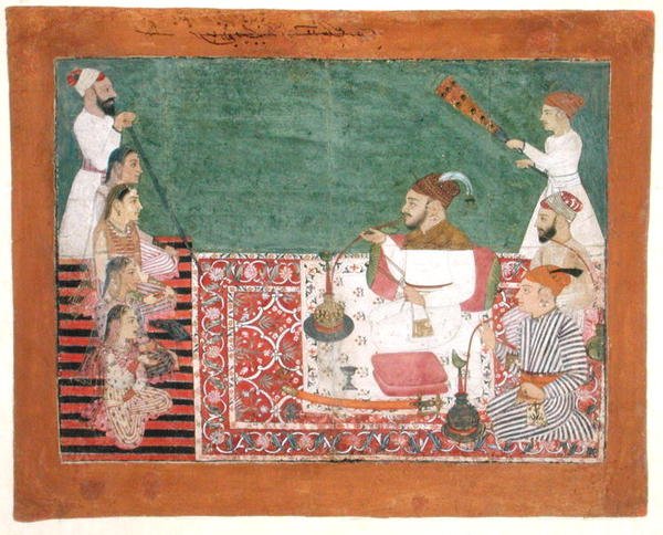 राजा दीप चंद और दोस्त हुक्का पीते हुए, बीजापुर, c.1760 (कागज पर गौचे) द्वारा स्कूल पहाड़ी