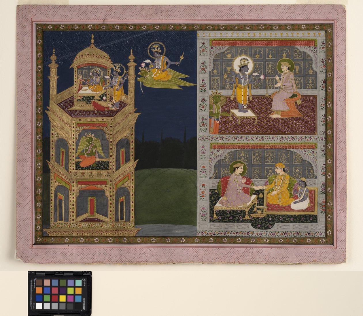 विष्णु गरुड़ पर एक स्वर्ण मीनार, c.1825 (अपारदर्शी जल रंग और कागज पर सोना) के पास पहुंचते हैं द्वारा स्कूल पहाड़ी