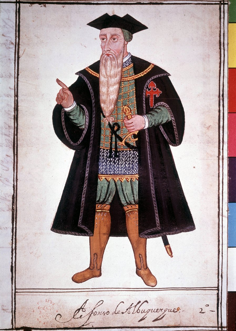 अल्बुकर्क (1453 - 1515) द्वारा अल्फोंस (अल्फोन्सो या अफोंसो) का पोर्ट्रेट। 15वीं शताब्दी की पुर्तगाली पांडुलिपि। द्वारा स्कूल पुर्तगाली