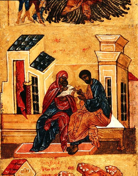 अपने माता-पिता, जोआचिम और अन्ना के साथ वर्जिन का चित्रण करने वाला चिह्न, c.1550 (पैनल पर तापमान और सोने की पत्ती) (314500 का विवरण) द्वारा स्कूलरूसी