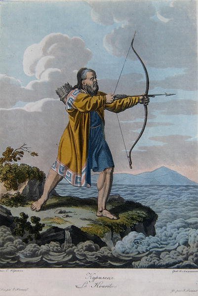 कुरील द्वीप समूह के निवासी, c.1800 (रंगीन उत्कीर्णन) द्वारा स्कूलरूसी