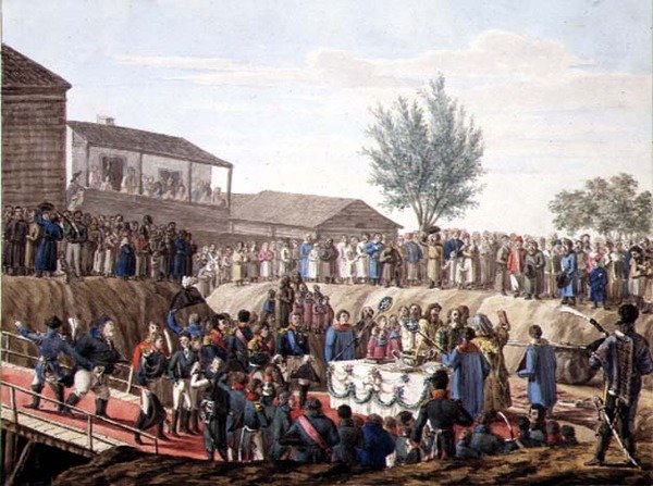 1820 में मोहिलॉफ़ में सीमा शुल्क घर का पहला पत्थर रखना (कागज पर पानी के रंग का) द्वारा स्कूलरूसी