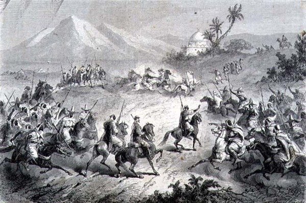 एक एडवेंचर, ट्रैवलर्स अटैक्ड बाय ब्रिगेड्स, 'द रिटर्न टू द वर्ल्ड' से चित्रण (उत्कीर्णन) द्वारा स्कूल स्पेनिश