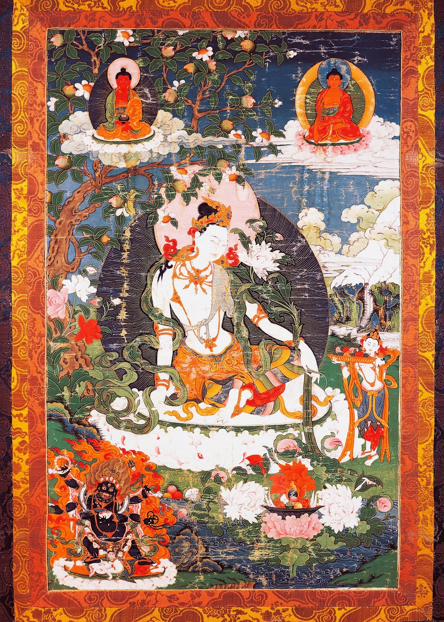 बोधिसत्व अवलोकितेश्वर पद्मपाणि बैठे, टंका या थांगका (बौद्ध बैनर), तिब्बती सभ्यता द्वारा स्कूल तिब्बती
