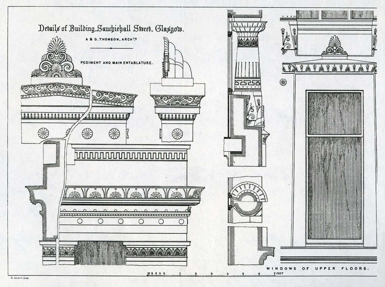 अलेक्जेंडर ग्रीक थॉमसन, 1869 द्वारा डिज़ाइन किए गए ग्रेचियन चेम्बर्स, 336-356 सौचीहॉल स्ट्रीट, ग्लासगो का वास्तुकला विवरण द्वारा स्कॉटिश स्कूल