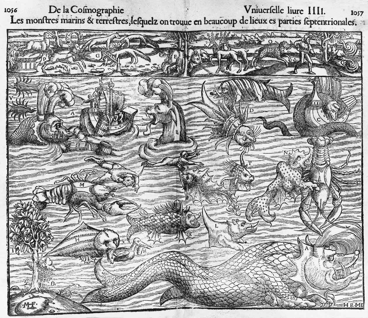 समुद्र और स्थलीय राक्षस, सेबेस्टियन मुंस्टर (1489-1552) द्वारा कॉस्मोग्राफिया युनिवर्सलिस से चित्रण द्वारा सेबस्टियन मुंस्टर