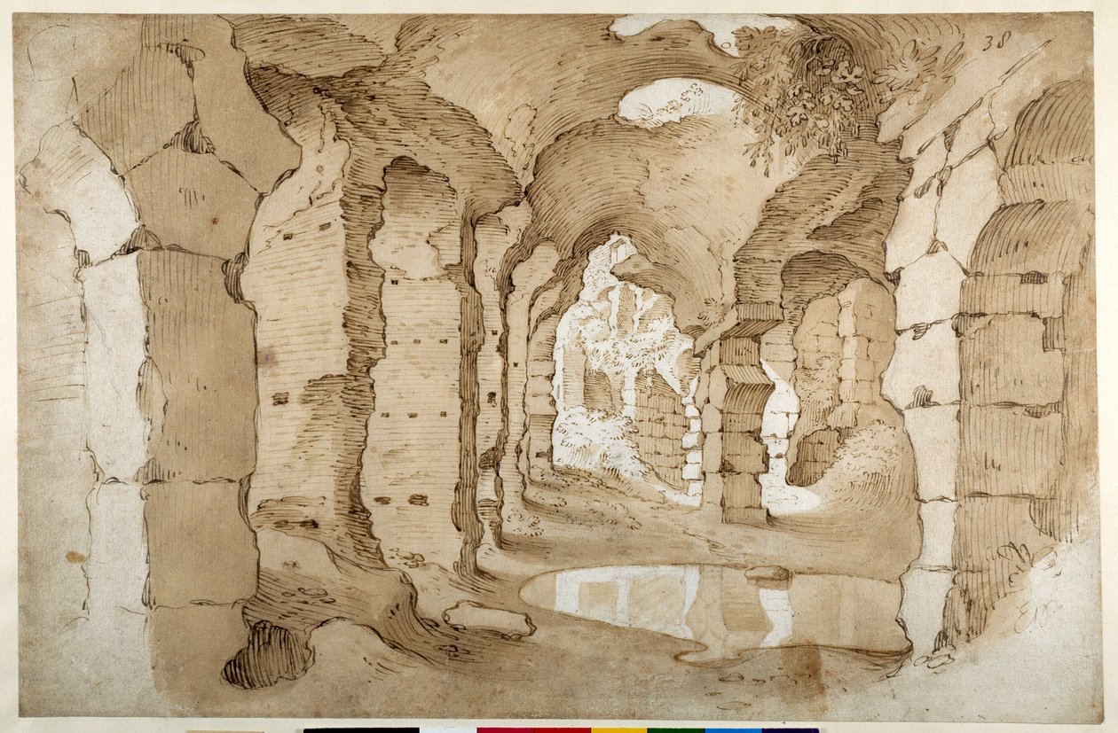 कालीज़ीयम के खंडहर के अंदर (श्वेत कागज पर भूरे रंग की धुलाई के साथ कलम और भूरी स्याही) द्वारा सेबस्टियन व्रंक्स