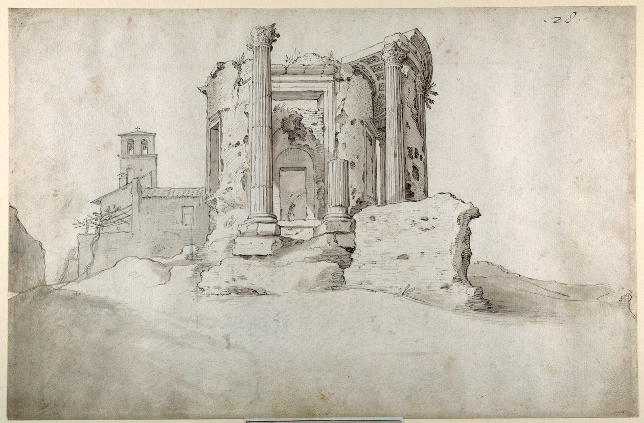 टिवोली में टिबर्टाइन सिबिल के मंदिर के खंडहर (श्वेत कागज पर भूरे भूरे रंग के साथ कलम और भूरे रंग की स्याही) द्वारा सेबस्टियन व्रंक्स