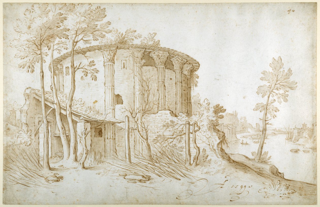फोरम बोरियम में वेस्ता का मंदिर, उत्तर से देखा गया, तिबर से दाईं ओर, c.1650 (कागज पर धोने के साथ कलम और स्याही) द्वारा सेबस्टियन व्रंक्स
