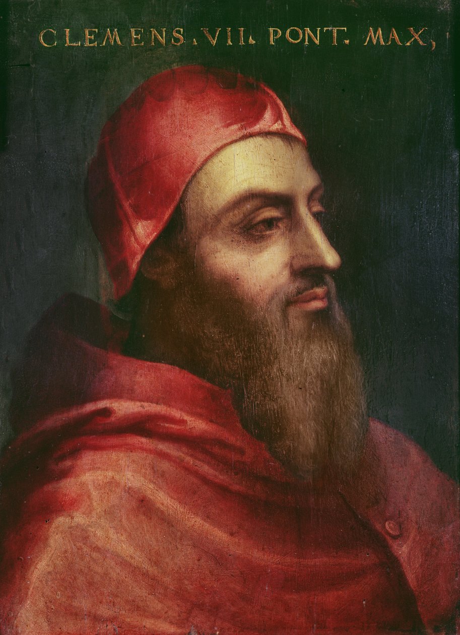 पोप क्लेमेंट VII का पोर्ट्रेट (Giulio di Giuliano de &39;Medici) (1478-1534), 1523 से 1534 तक पोप द्वारा सेबस्टियानो डेल पियोम्बो