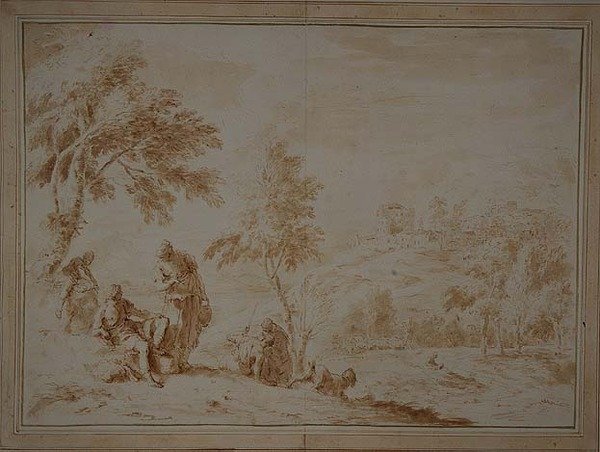 पहाड़ी शहर के साथ व्यापक देहाती परिदृश्य, c.1720 (भूरी स्याही और धो) द्वारा सेबेस्टियानो रिक्की