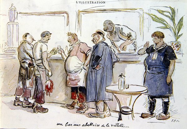 बूचड़खाने डे ला विलेट में एक बार, c.1925-30 (कलर लिथो) द्वारा Sem