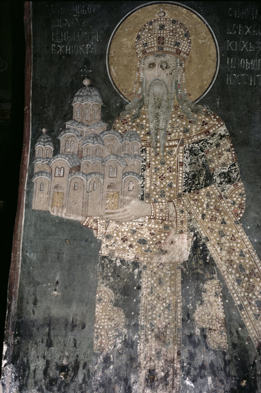 चर्च के एक मॉडल के साथ राजा स्टीफन उरोस II मिलुटिन (r.1282-1321) 1311-21 द्वारा सर्बियाई स्कूल