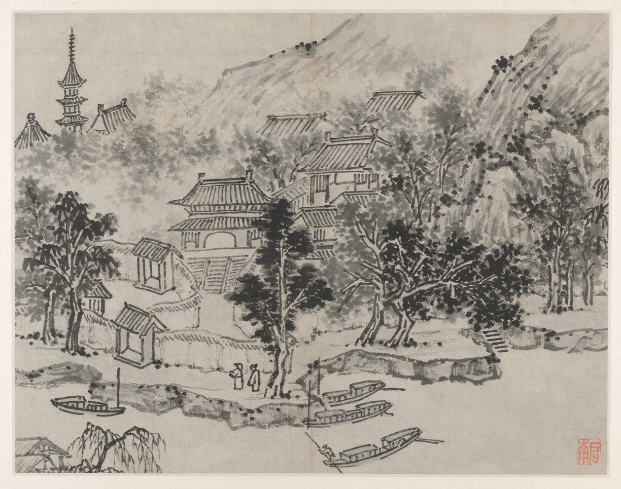 टाइगर हिल, सुजौ के बारह दृश्य: नहर घाट से टाइगर हिल का दूर का दृश्य, 1490 के बाद। द्वारा शेन झोउ
