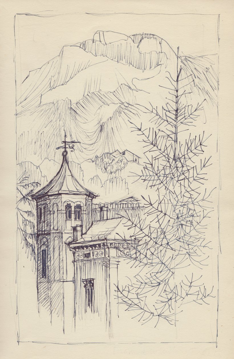चर्च और पहाड़, इटली, c1950। द्वारा शर्ली मार्खम