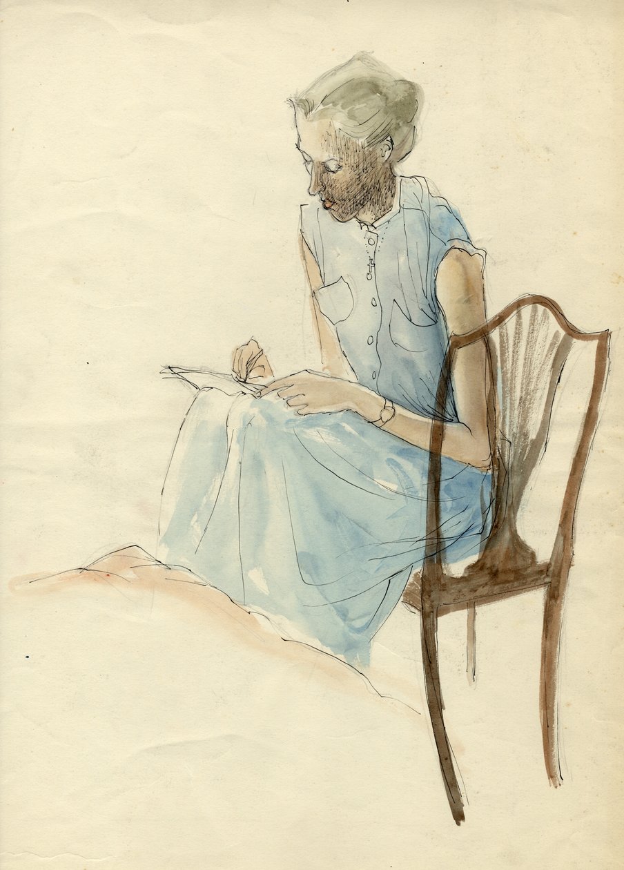 सीटेड वुमन राइटिंग, 1952। द्वारा शर्ली मार्खम