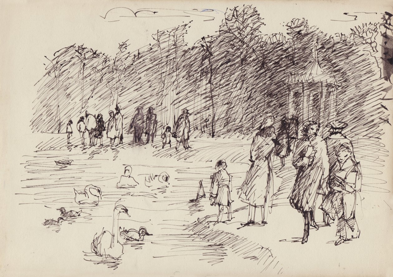 केंसिंग्टन गार्डन, लंदन में गोल तालाब पर हंस, c1950। द्वारा शर्ली मार्खम
